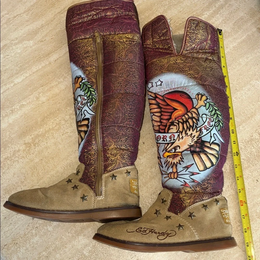 Ed Hardy Fleece Boots, women, 6 EUC Iconic Tattoo 